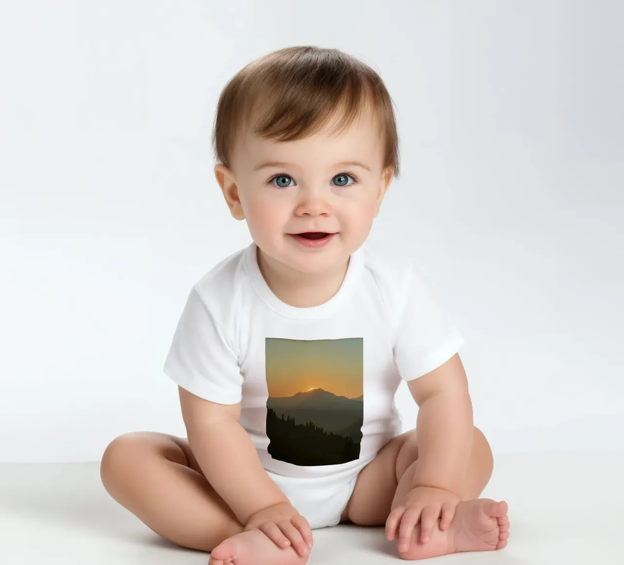 Sunset casting shadows over mountains and pine trees short-sleeve baby romper by DesignDoodle