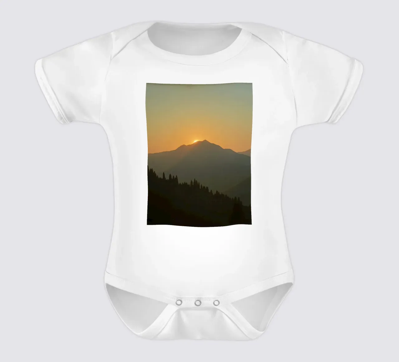 Sunset casting shadows over mountains and pine trees short-sleeve baby romper by DesignDoodle