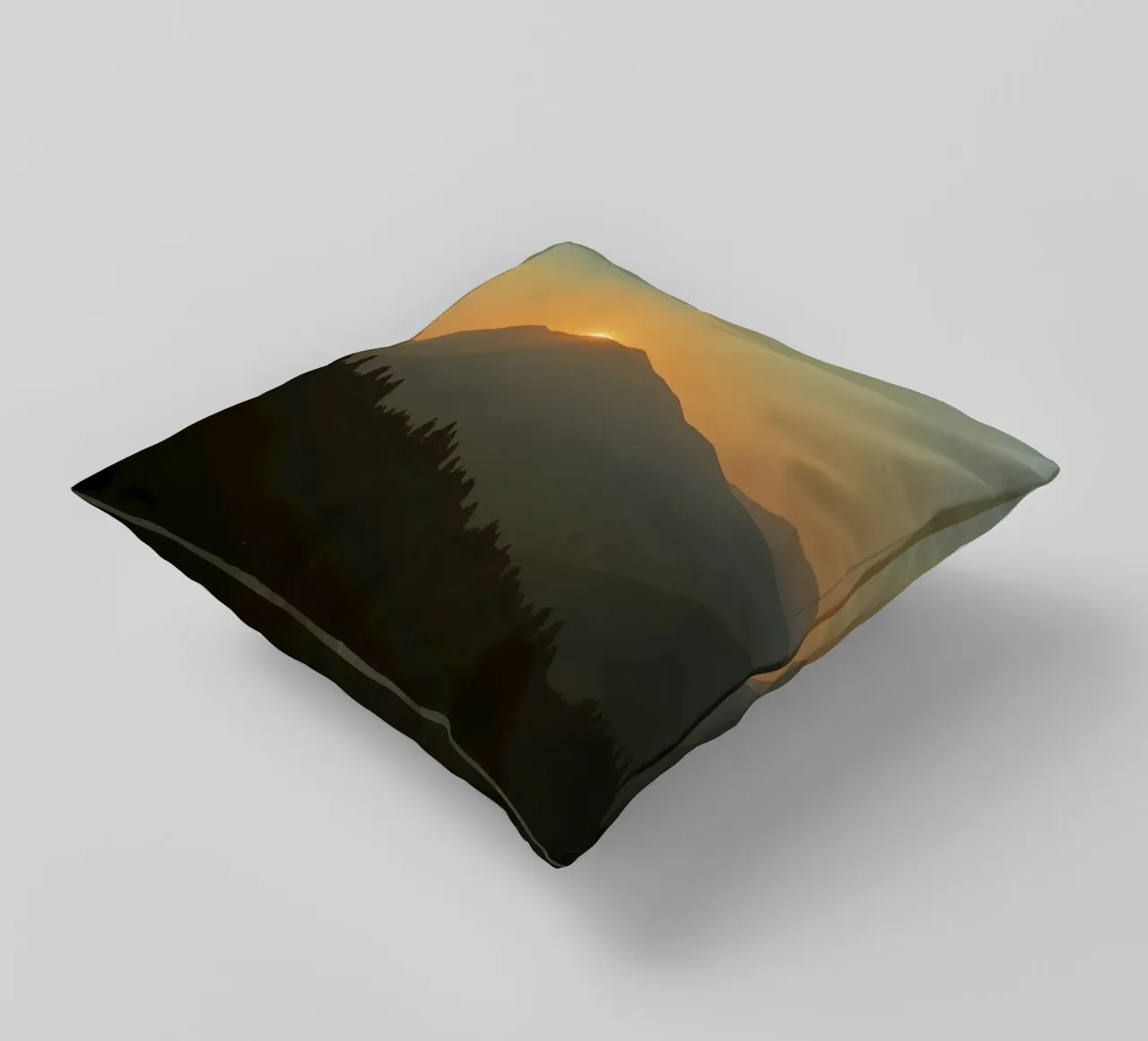 Zonsondergang werpt schaduwen over bergen en pijnbomen kussen van DesignDoodle
