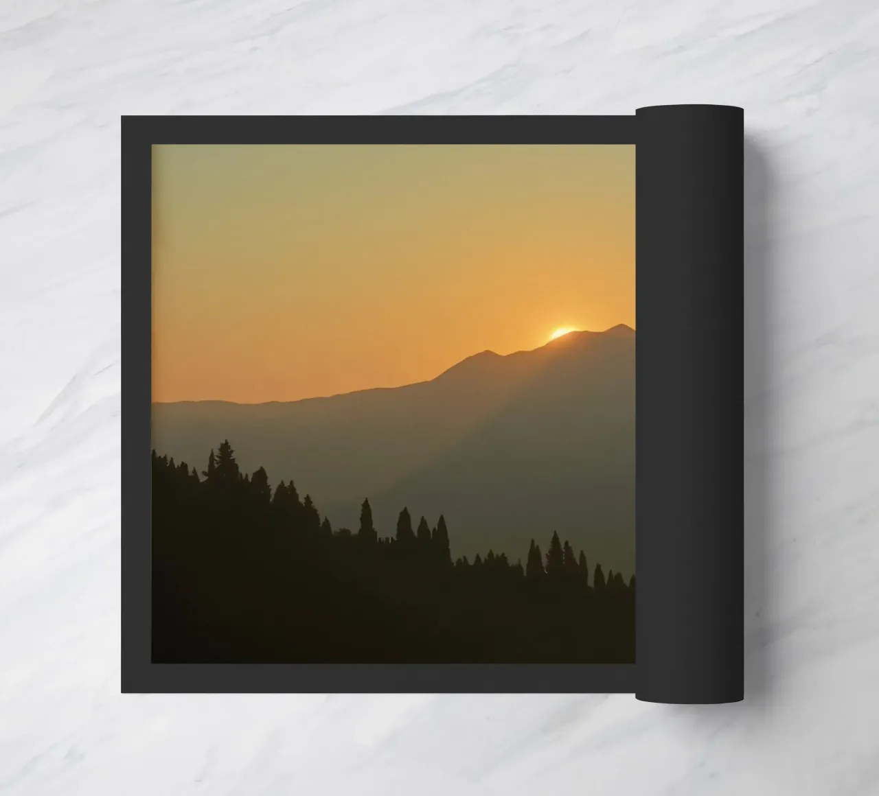 Sunset casting shadows over mountains and pine trees doormat by DesignDoodle
