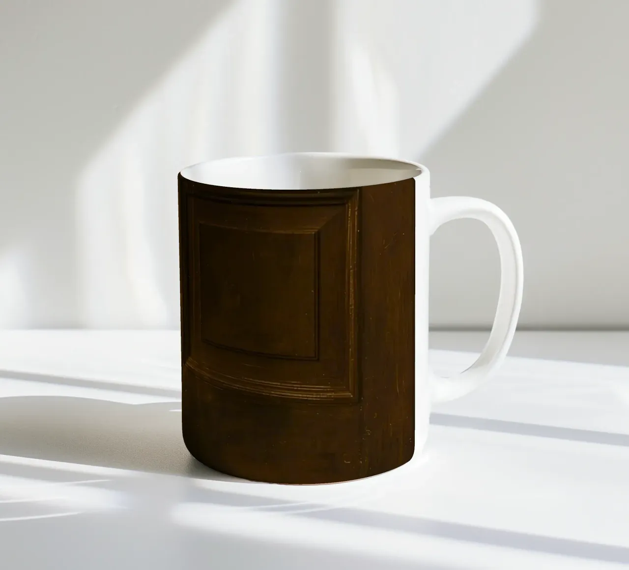 Doorway with black shoes resting on a concrete step under so ceramic mug by DesignDoodle