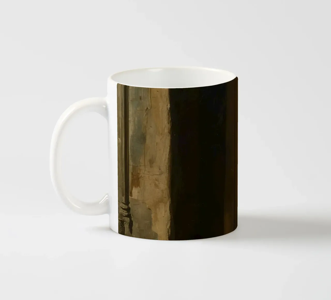 Doorway with black shoes resting on a concrete step under so ceramic mug by DesignDoodle