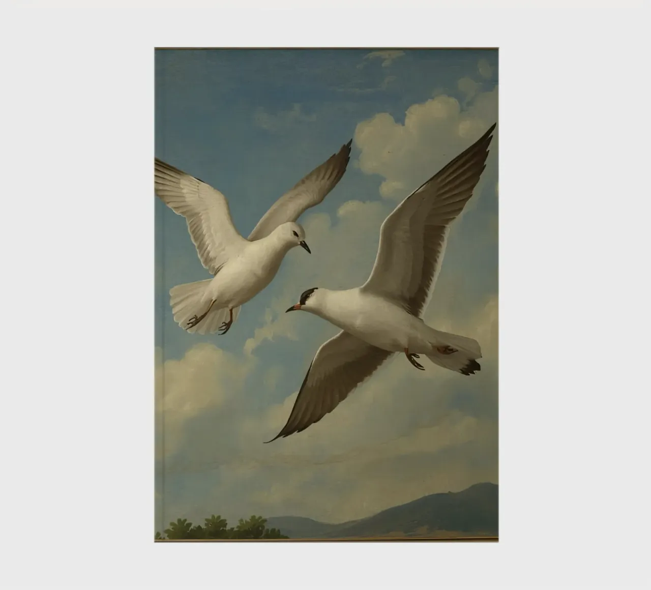Two seagulls in mid-flight against a backdrop of clouds notebook by DesignDoodle