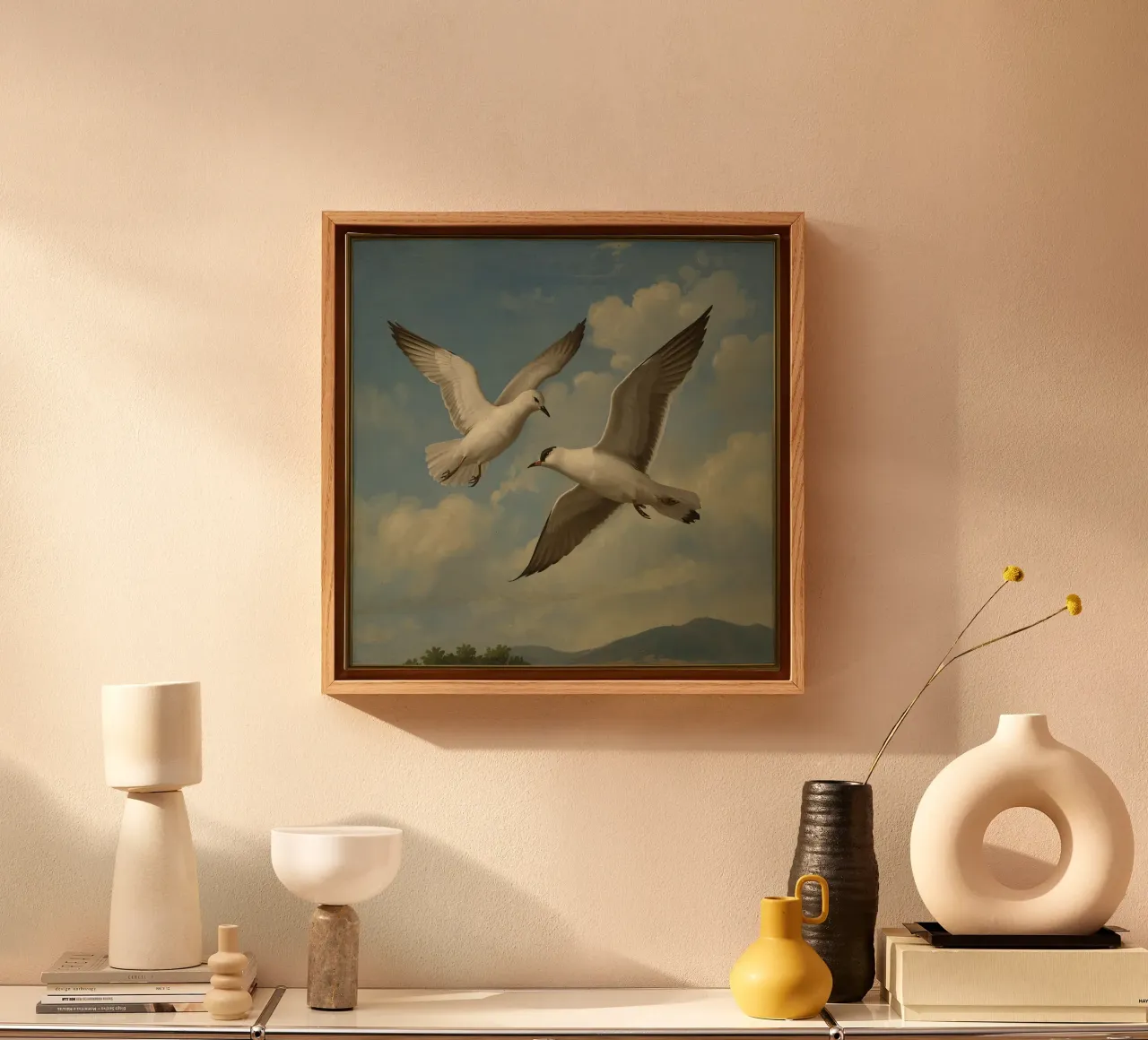 Due gabbiani in volo su uno sfondo di nuvole tela con Cornice a cassetta da DesignDoodle