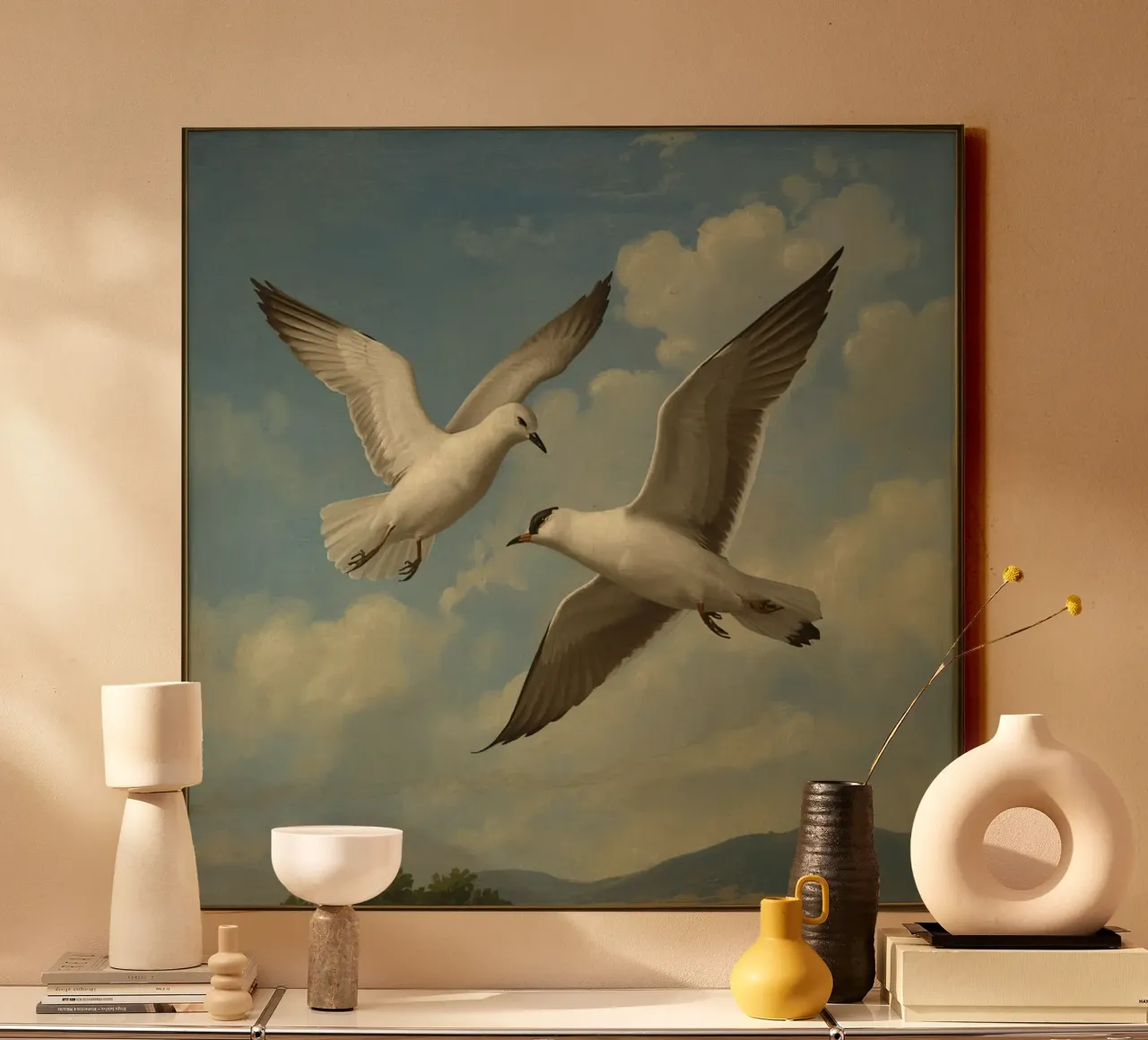 Due gabbiani in volo su uno sfondo di nuvole tela con Cornice a cassetta da DesignDoodle