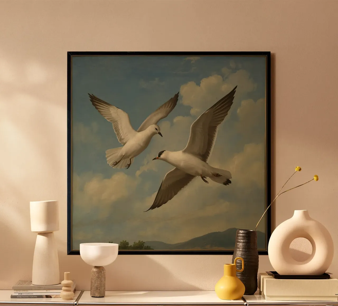 Due gabbiani in volo su uno sfondo di nuvole poster da DesignDoodle