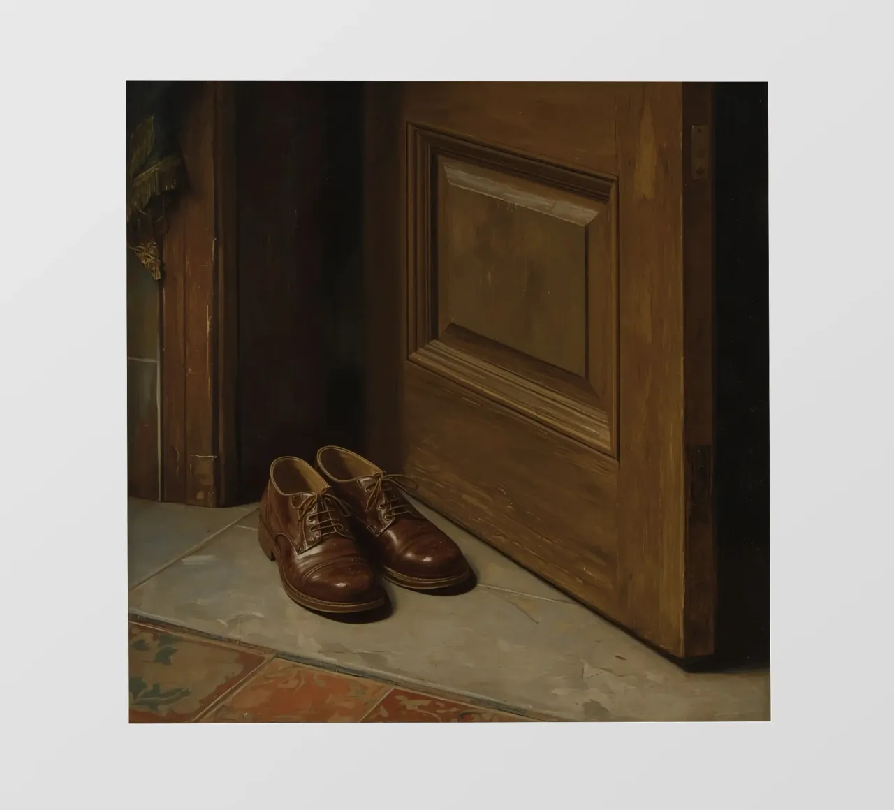 Scarpe classiche in pelle marrone posizionate davanti a una porta di legno pellicola backlit da DesignDoodle
