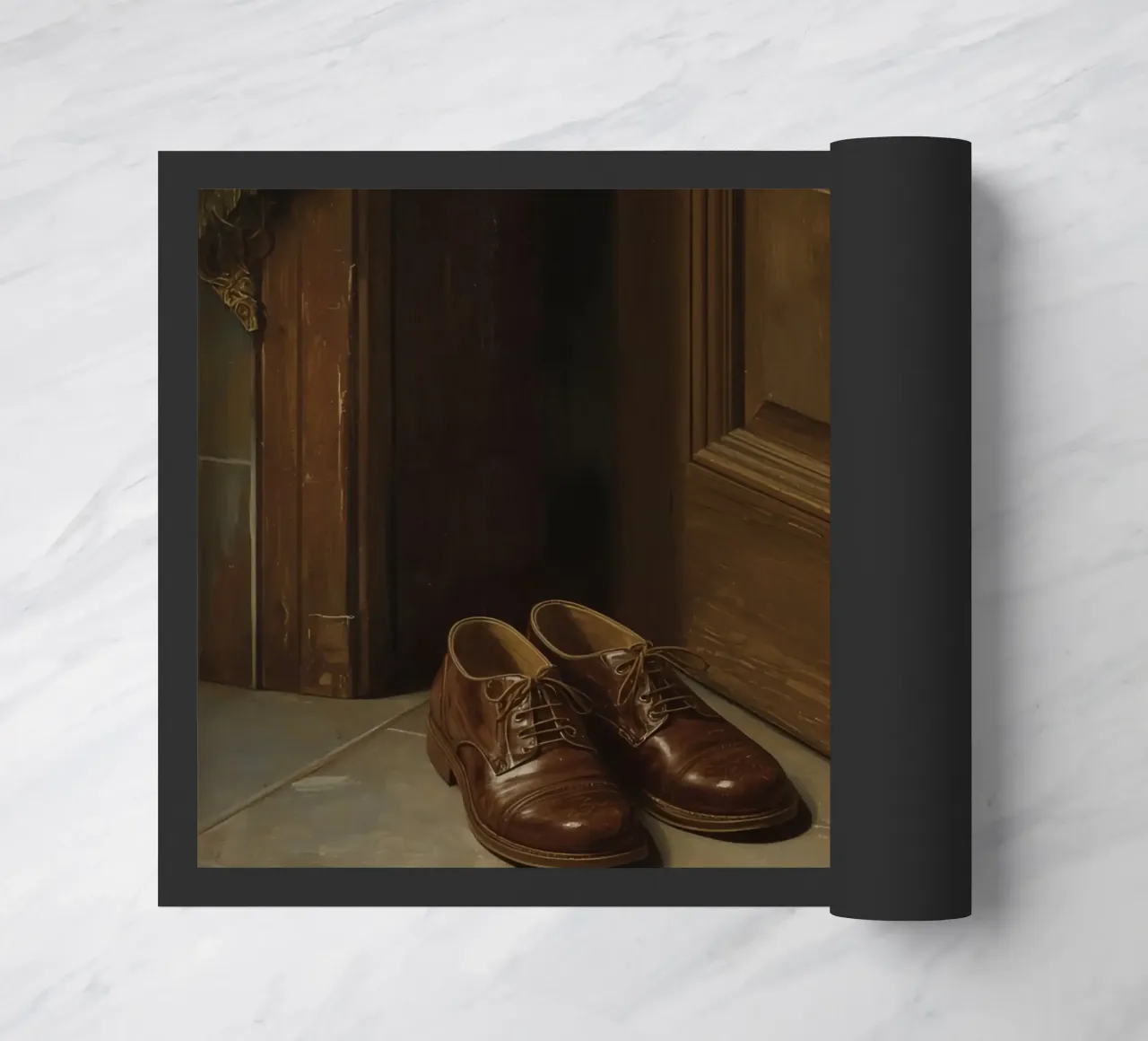 Scarpe classiche in pelle marrone posizionate davanti a una porta di legno zerbino da DesignDoodle