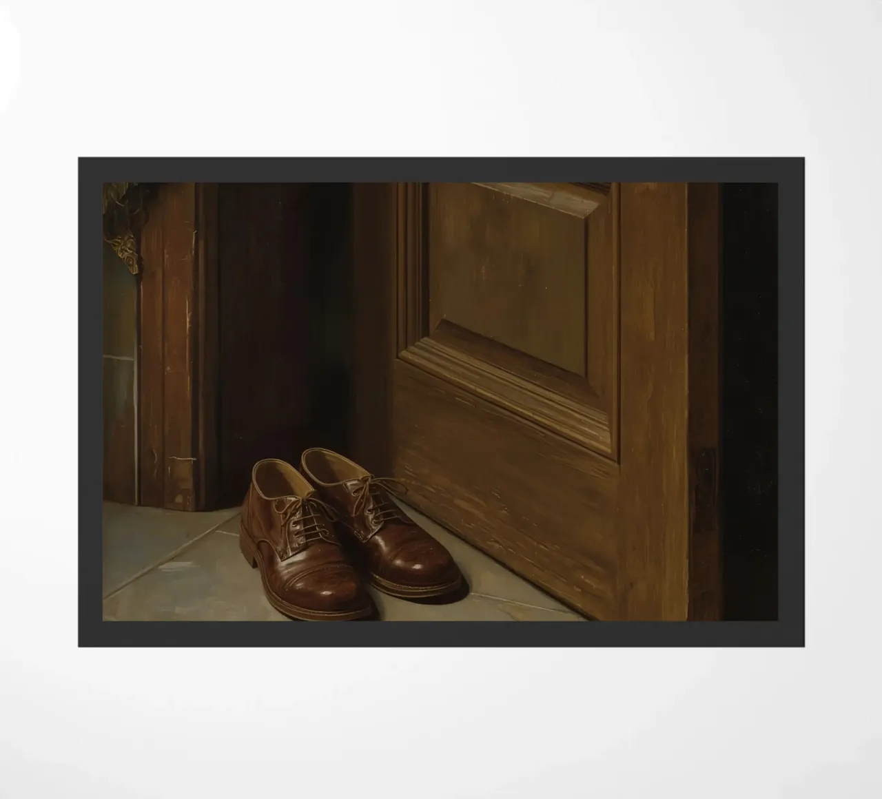 Scarpe classiche in pelle marrone posizionate davanti a una porta di legno zerbino da DesignDoodle