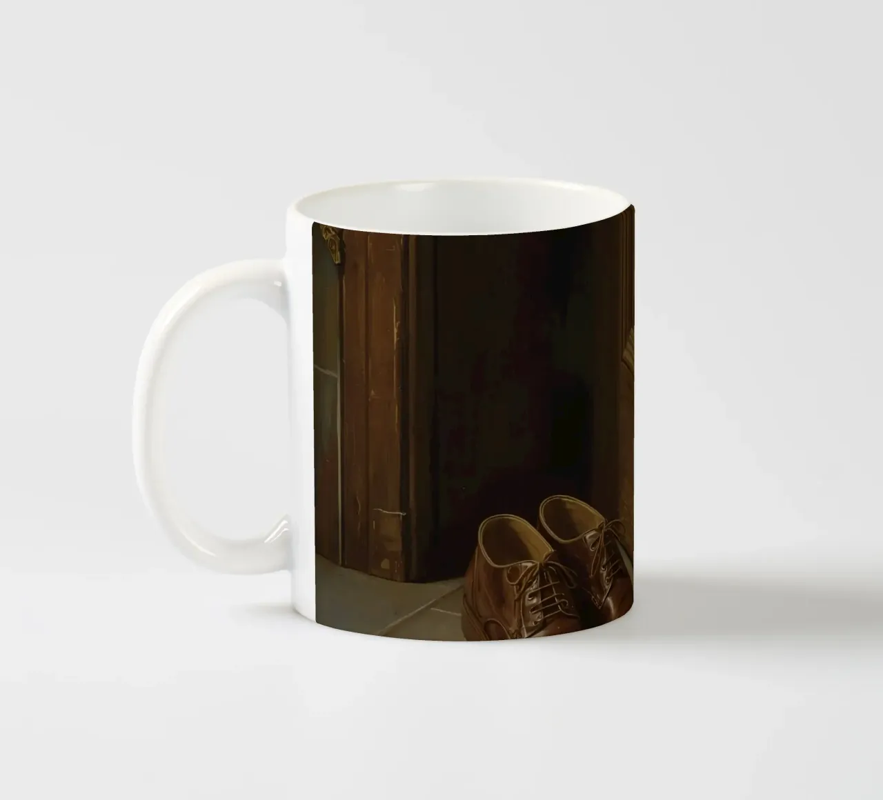Scarpe classiche in pelle marrone posizionate davanti a una porta di legno tazza in ceramica da DesignDoodle