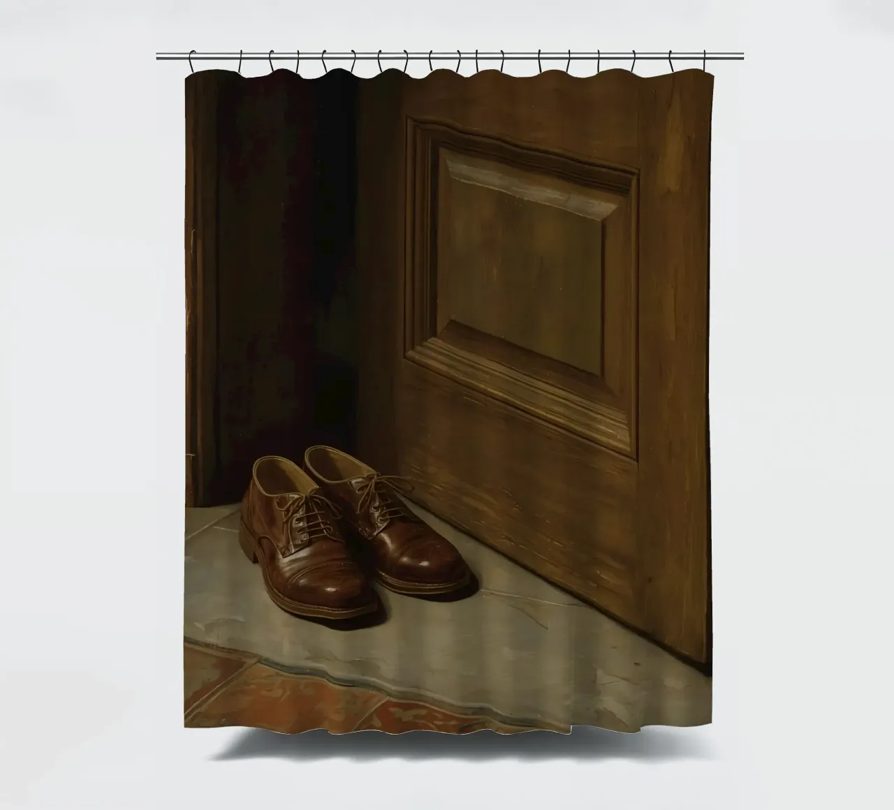 Scarpe classiche in pelle marrone posizionate davanti a una porta di legno tenda da doccia da DesignDoodle