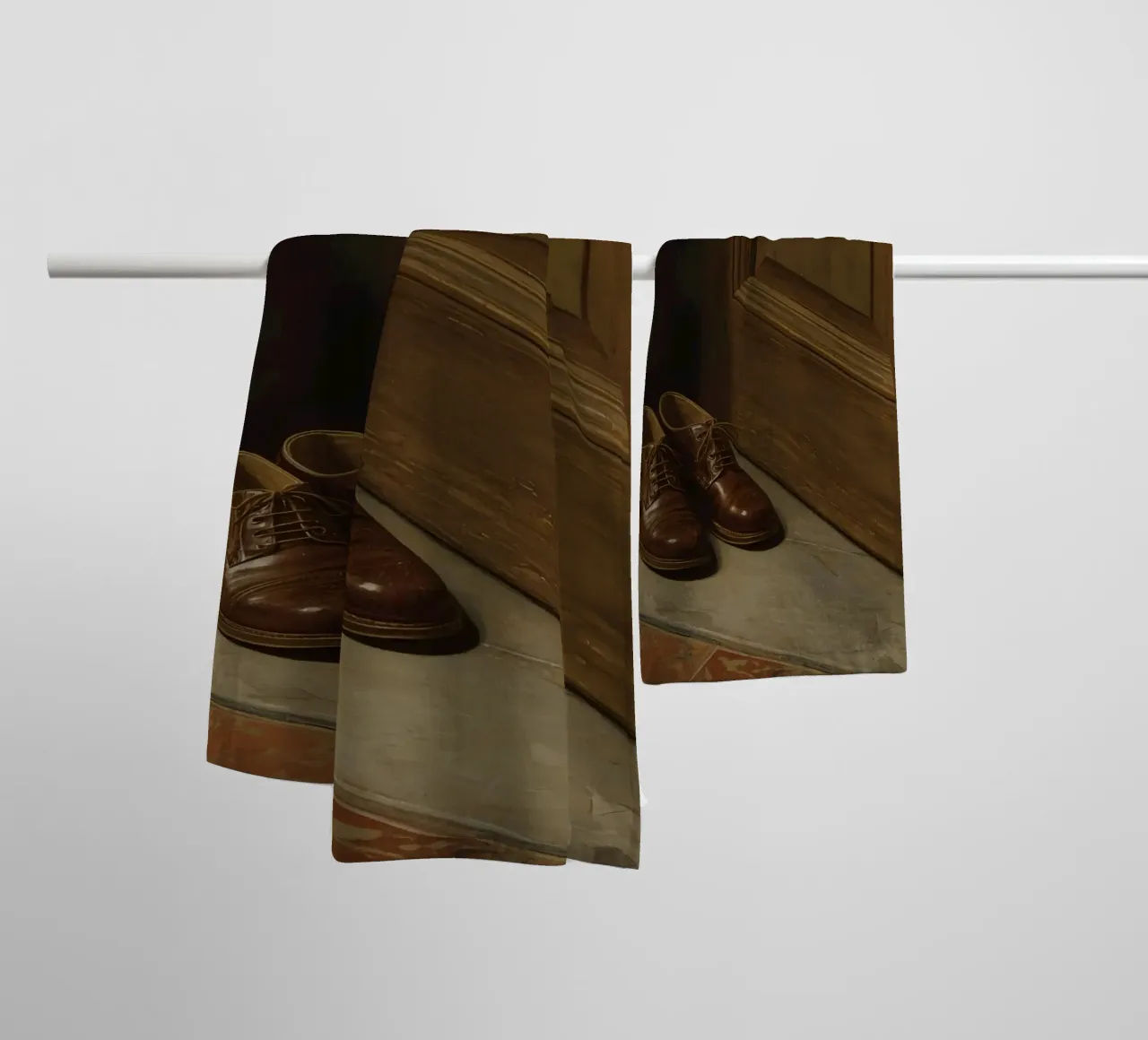 Scarpe classiche in pelle marrone posizionate davanti a una porta di legno asciugamano da bagno da DesignDoodle