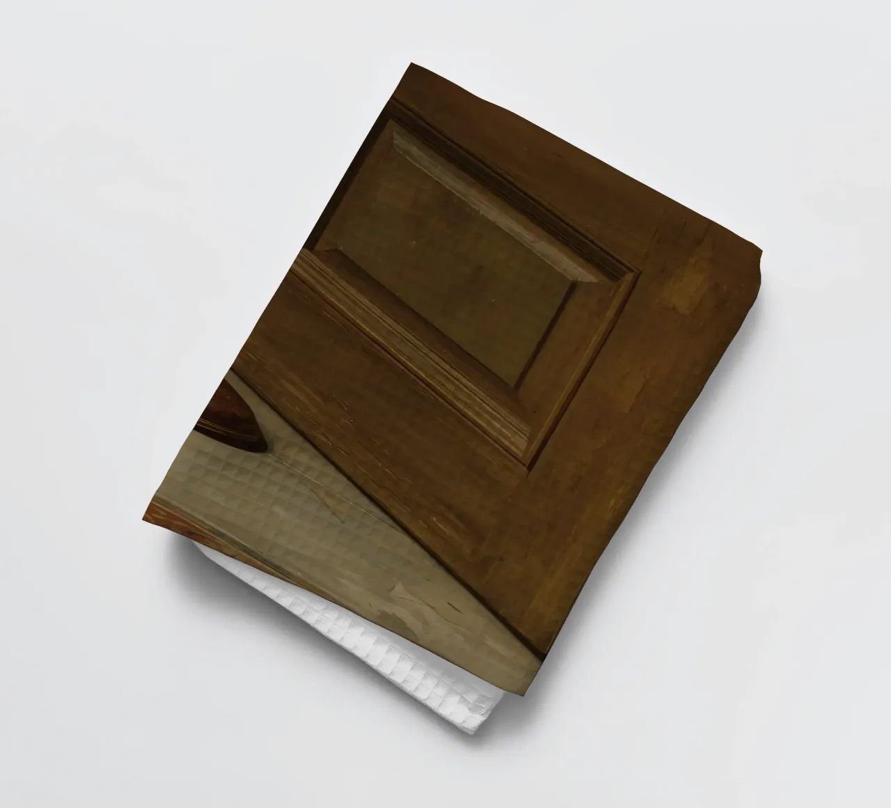 Scarpe classiche in pelle marrone posizionate davanti a una porta di legno canovaccio da cucina da DesignDoodle
