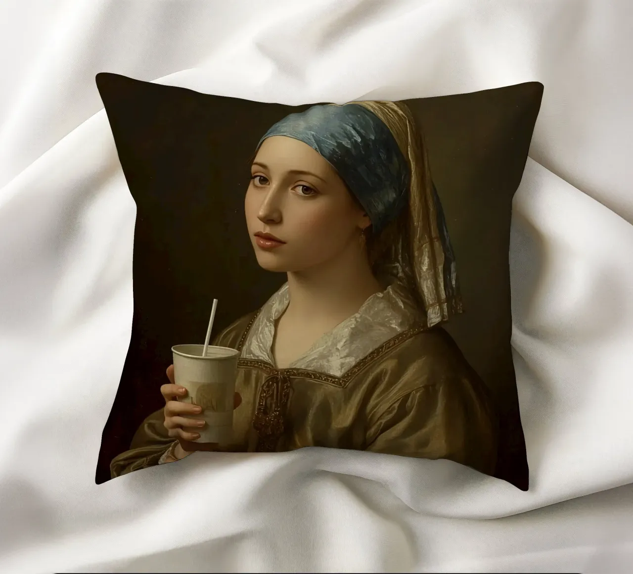 Giovane donna in abiti storici con in mano un drink cuscino da DesignDoodle