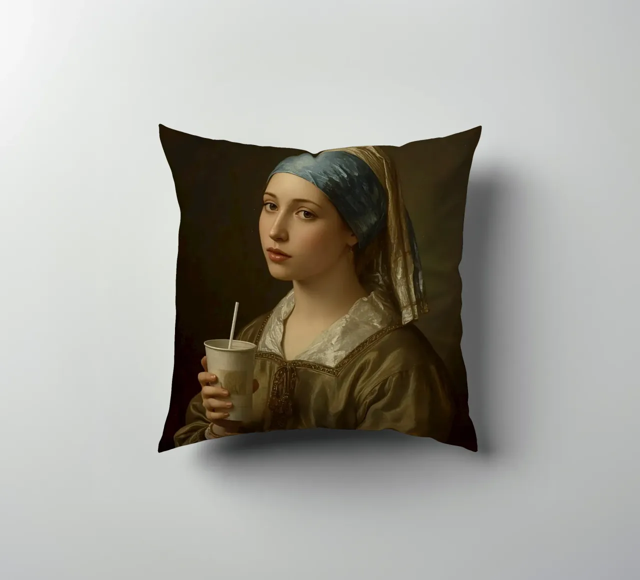 Giovane donna in abiti storici con in mano un drink cuscino da DesignDoodle