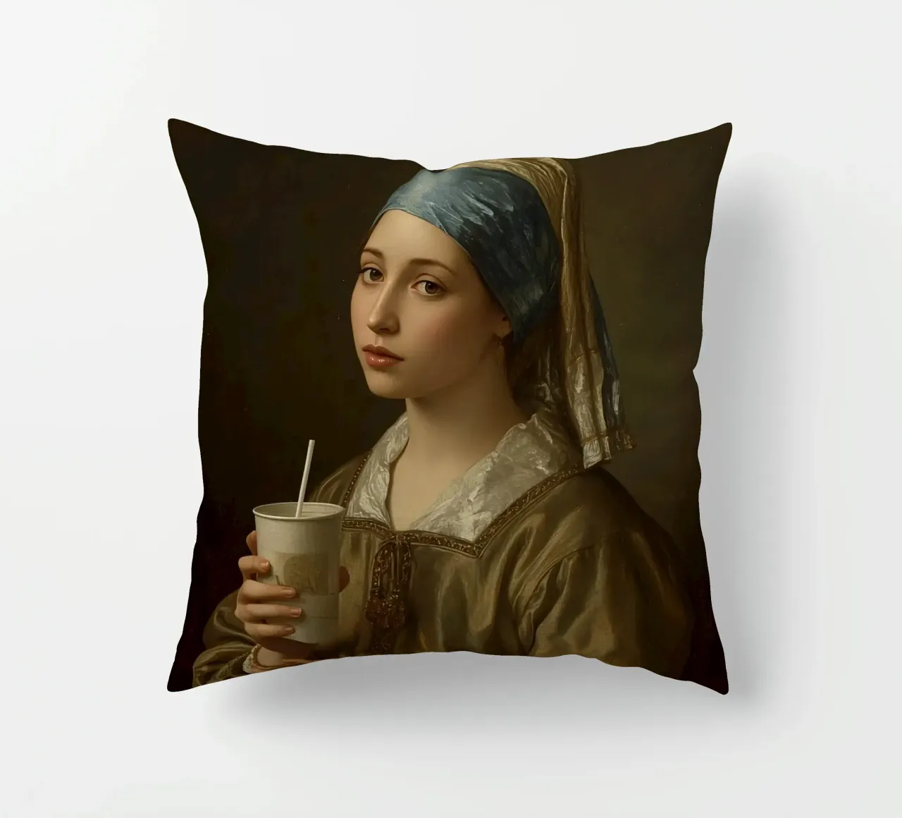 Giovane donna in abiti storici con in mano un drink cuscino da DesignDoodle