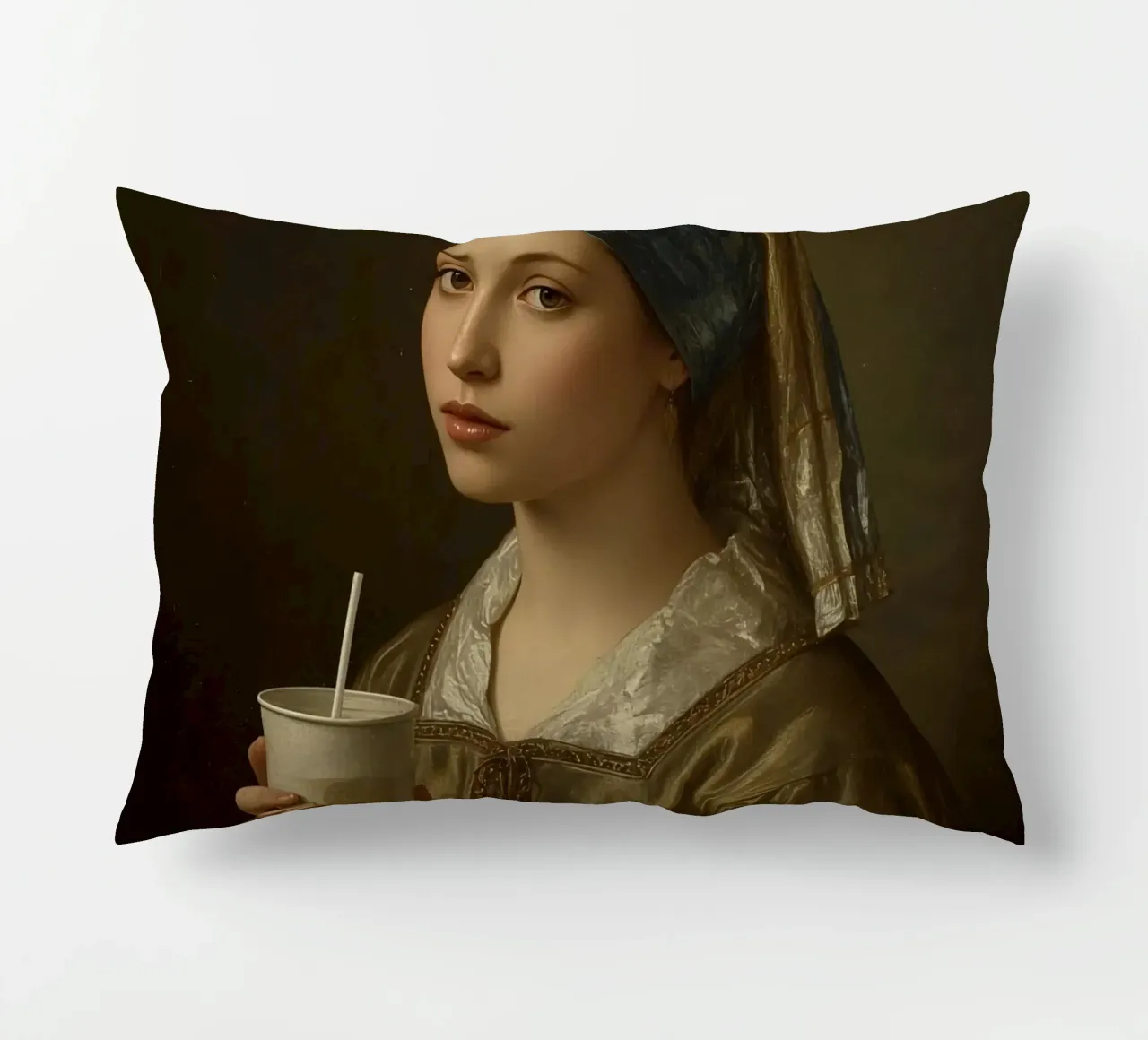 Giovane donna in abiti storici con in mano un drink cuscino da DesignDoodle