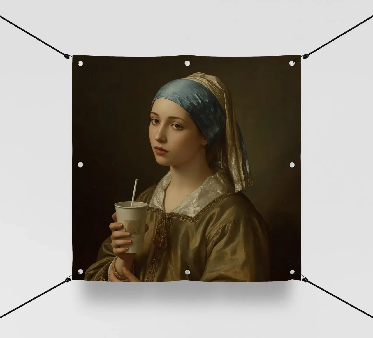 Giovane donna in abiti storici con in mano un drink telo in pvc da DesignDoodle