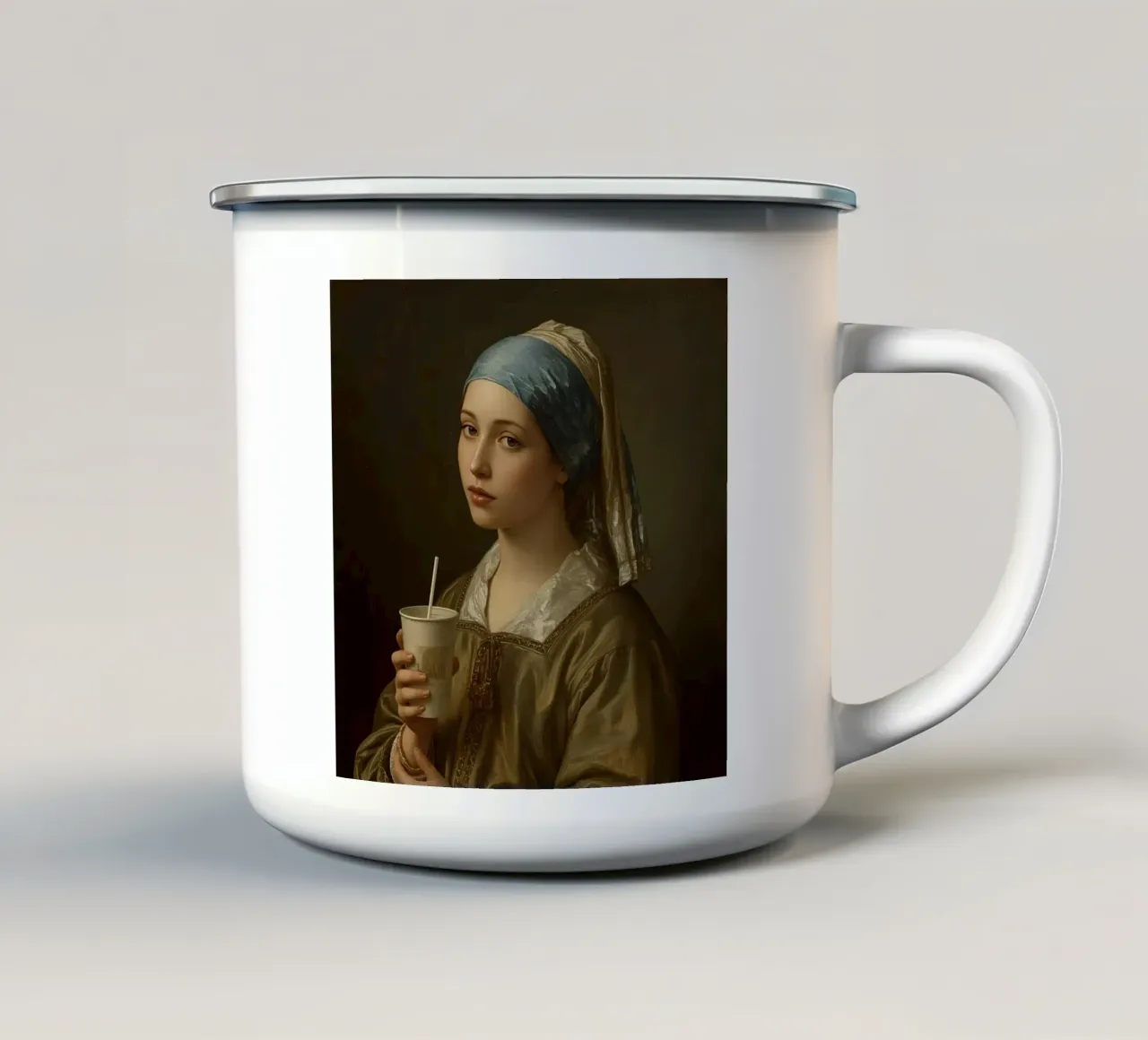 Giovane donna in abiti storici con in mano un drink tazza in smalto da DesignDoodle