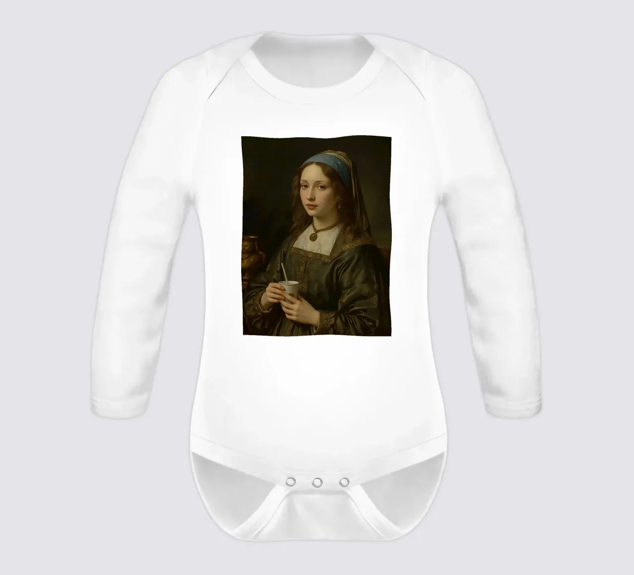 Giovane donna con una tazza in abito tradizionale in un luogo chiuso body neonato maniche lunghe da DesignDoodle