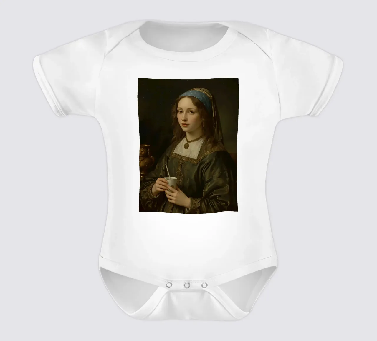 Giovane donna con una tazza in abito tradizionale in un luogo chiuso body neonato maniche corte da DesignDoodle