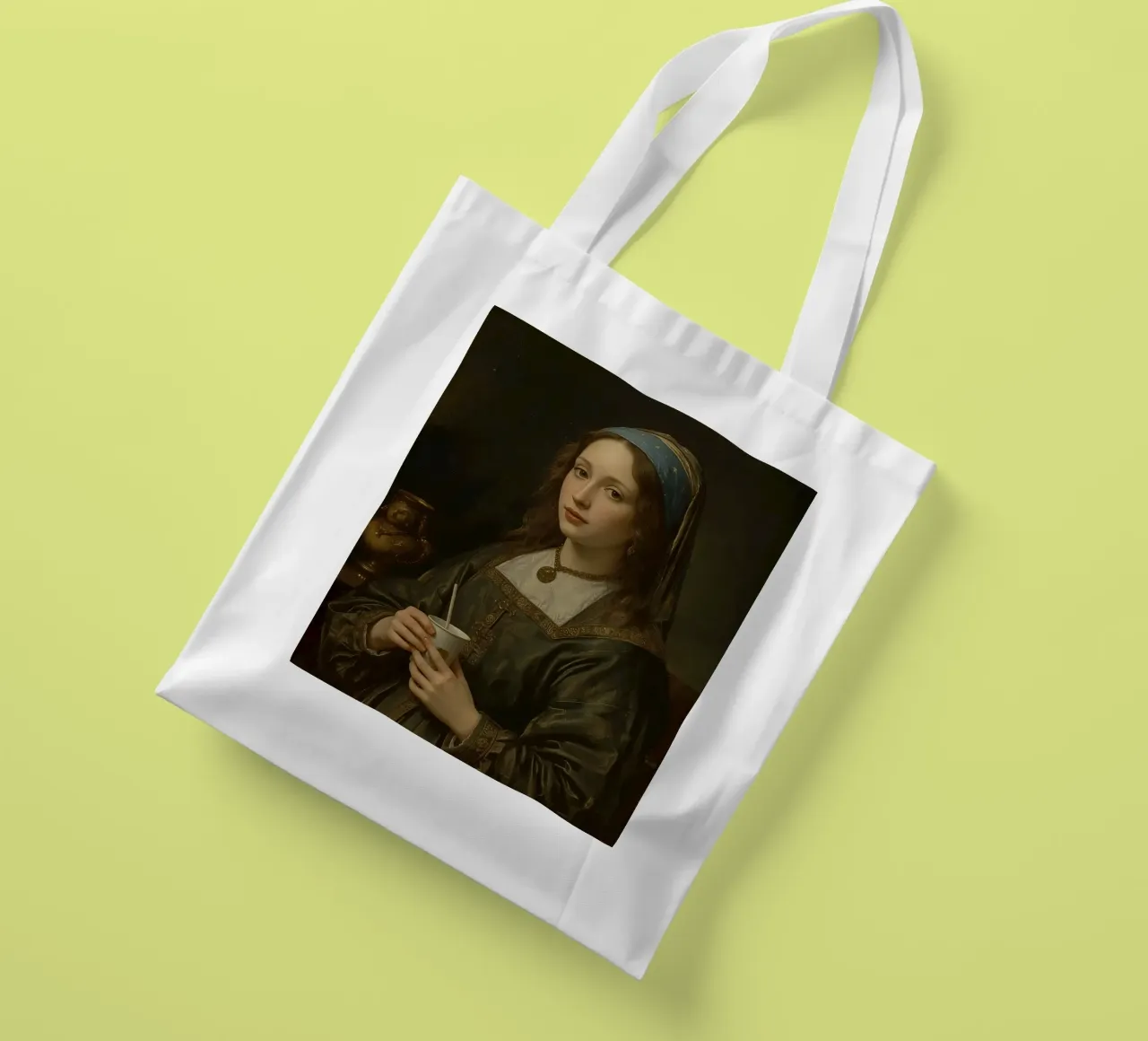 Giovane donna con una tazza in abito tradizionale in un luogo chiuso borsa in juta da DesignDoodle