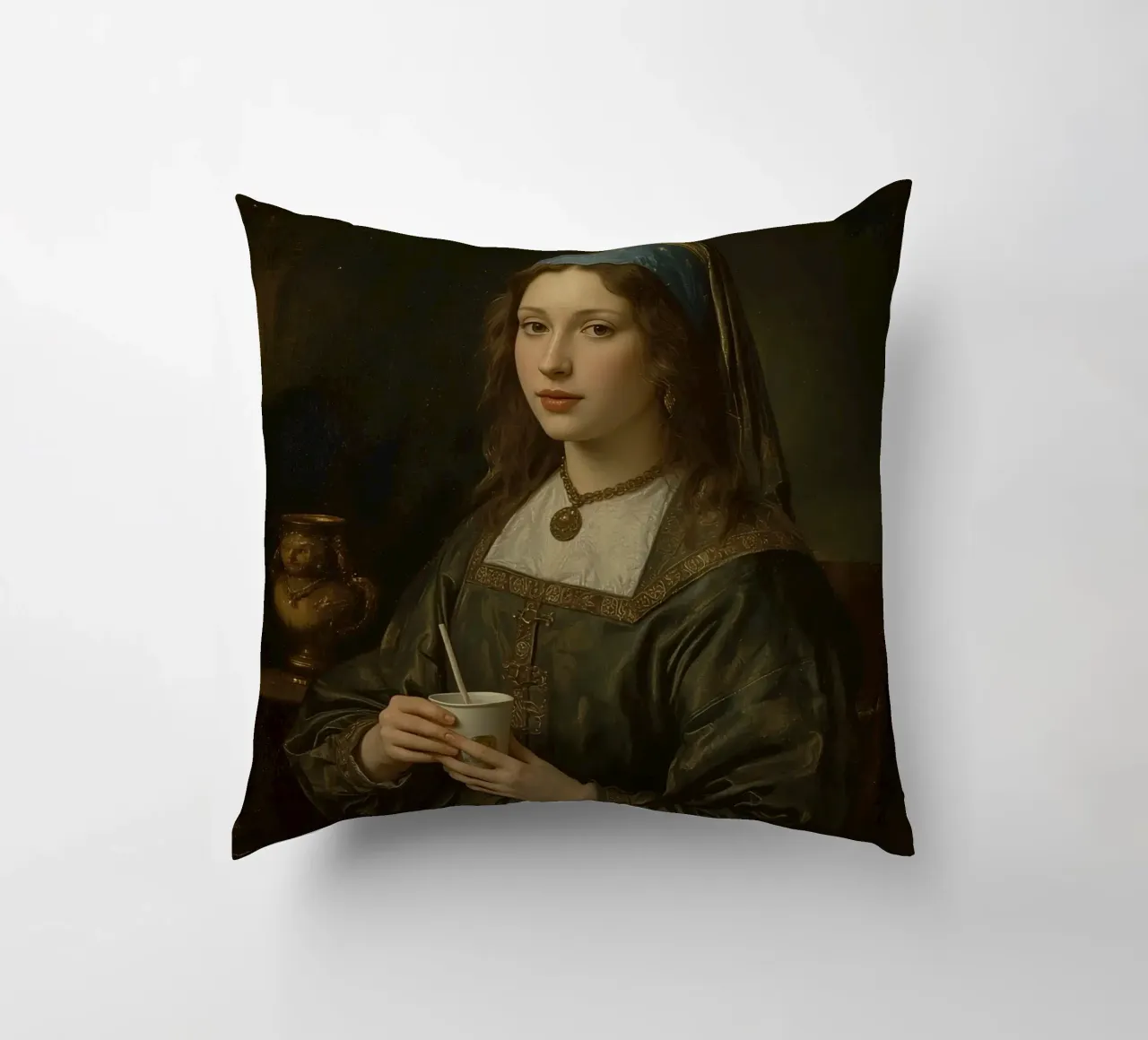 Giovane donna con una tazza in abito tradizionale in un luogo chiuso cuscino da DesignDoodle