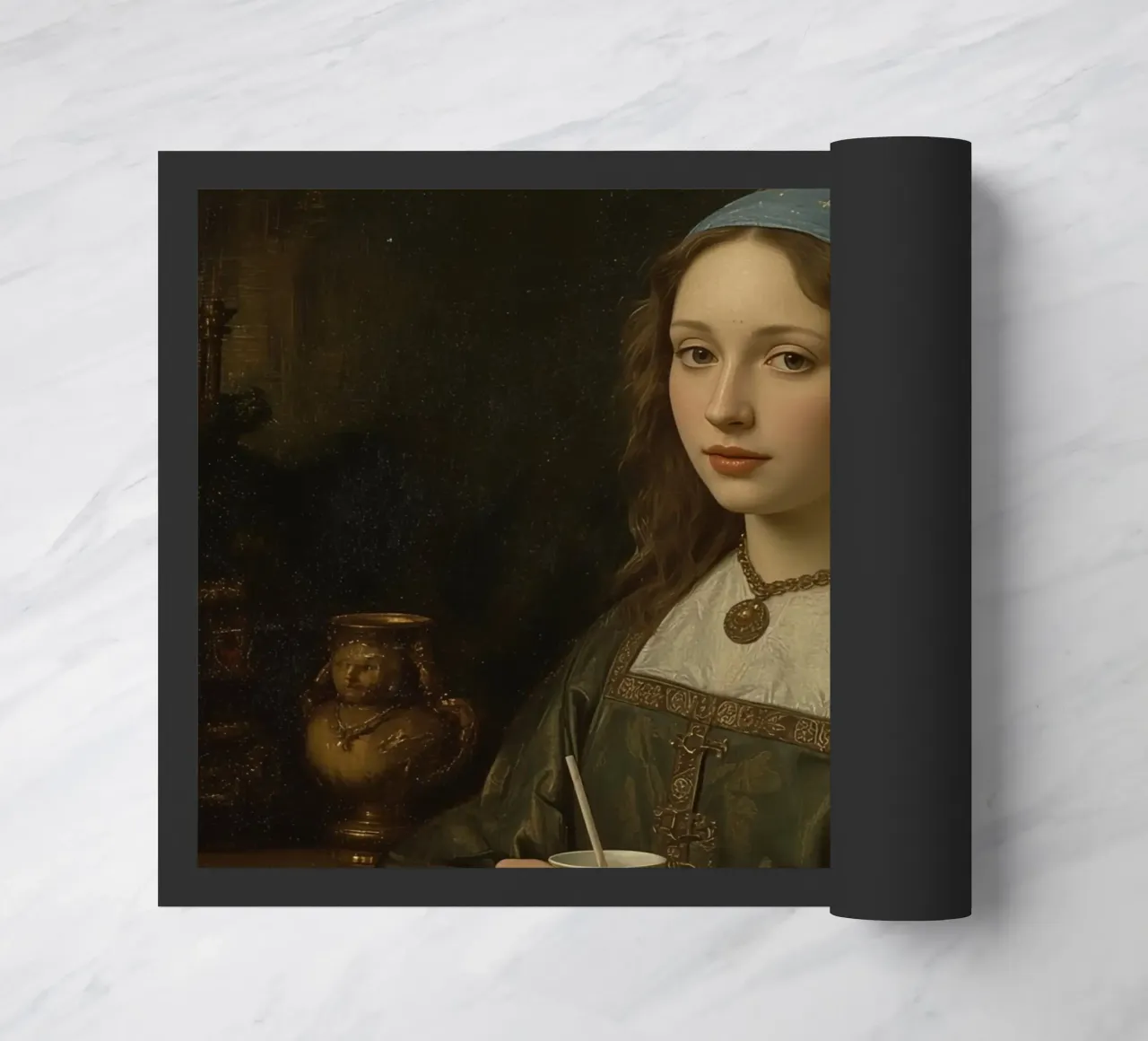 Giovane donna con una tazza in abito tradizionale in un luogo chiuso zerbino da DesignDoodle