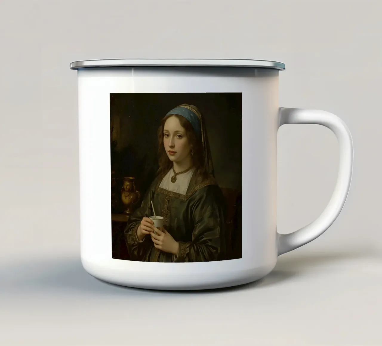 Giovane donna con una tazza in abito tradizionale in un luogo chiuso tazza in smalto da DesignDoodle