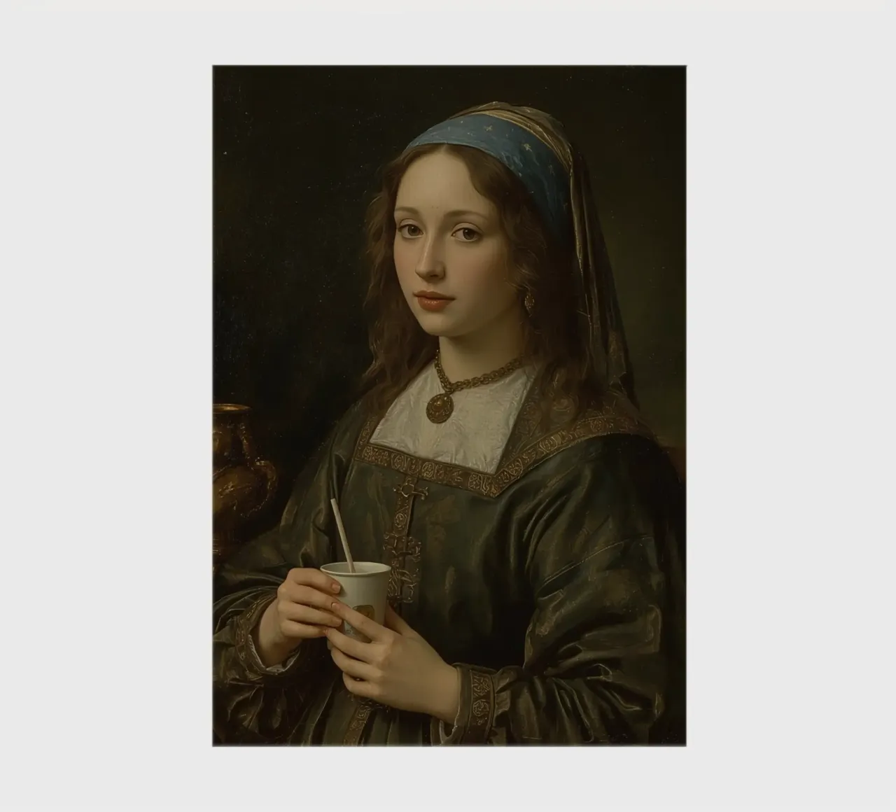 Giovane donna con una tazza in abito tradizionale in un luogo chiuso diario da DesignDoodle