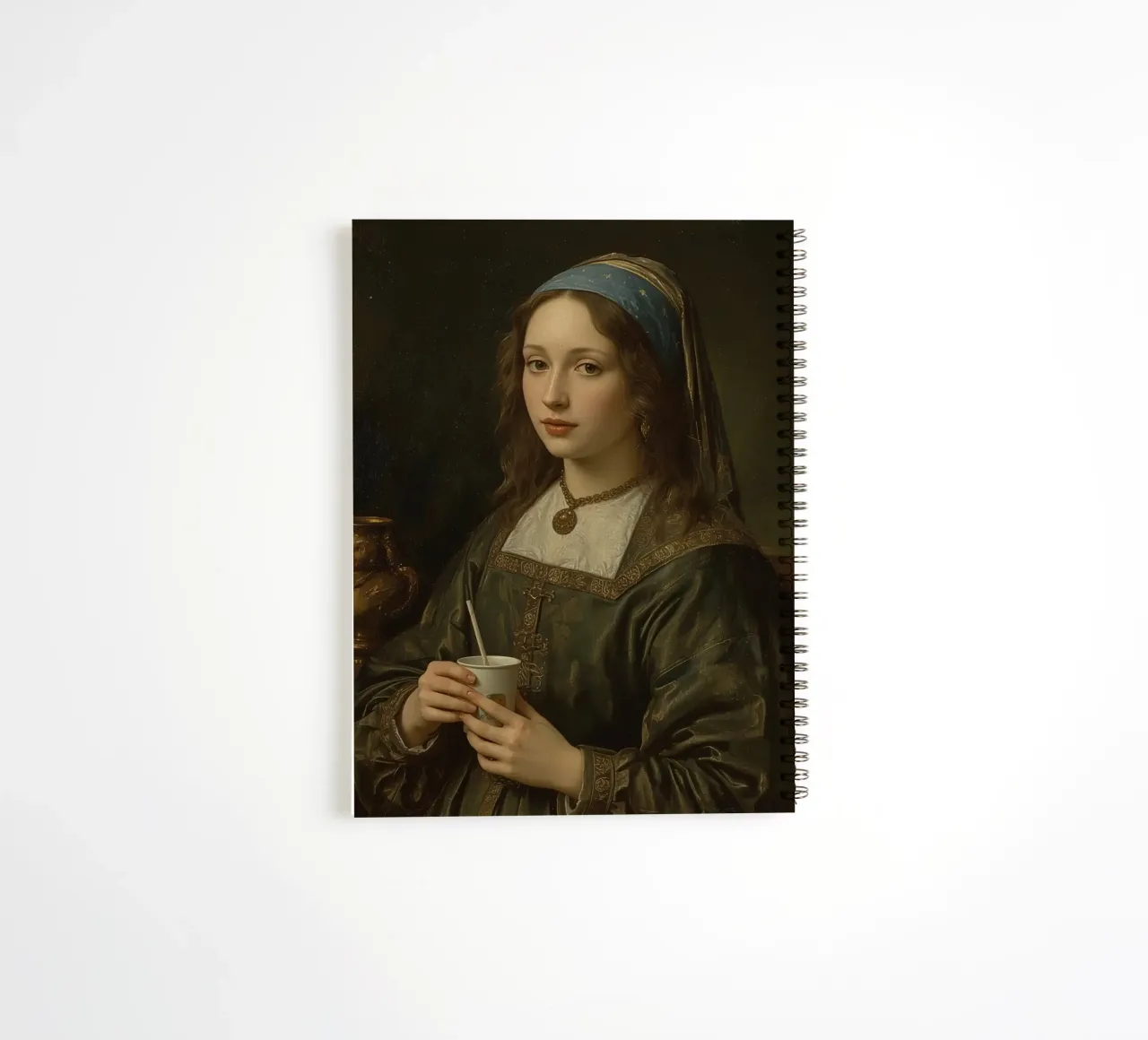 Giovane donna con una tazza in abito tradizionale in un luogo chiuso diario ad anelli da DesignDoodle