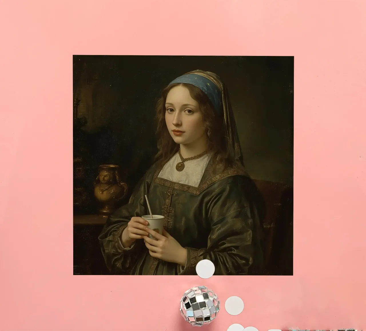 Giovane donna con una tazza in abito tradizionale in un luogo chiuso adesivo da DesignDoodle