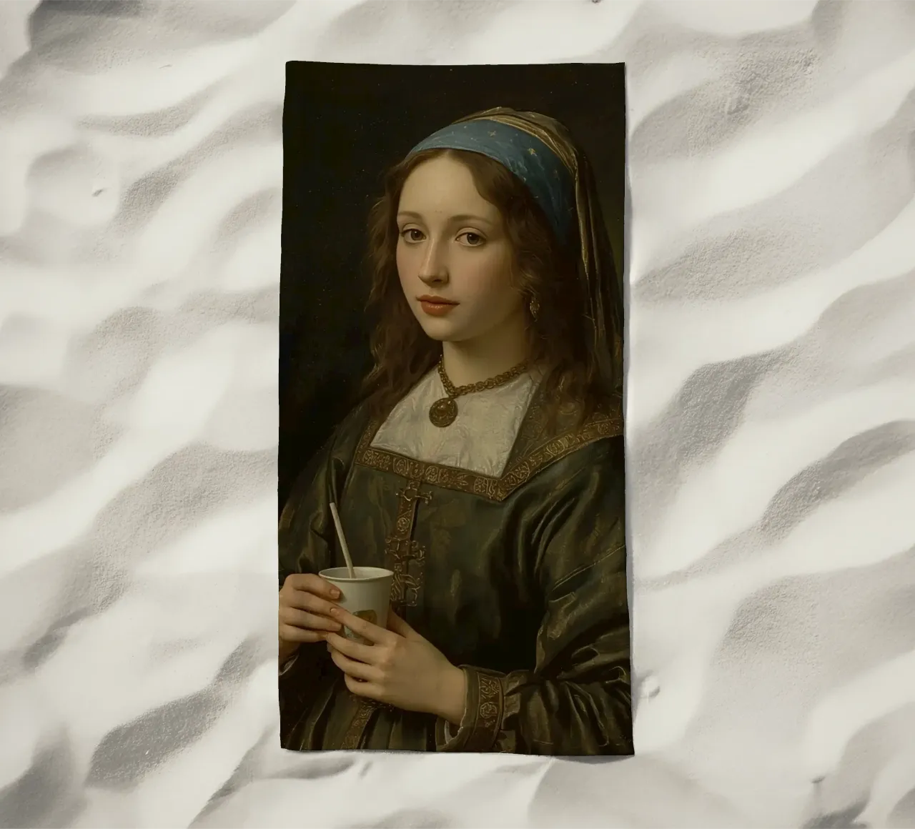 Giovane donna con una tazza in abito tradizionale in un luogo chiuso telo mare da DesignDoodle