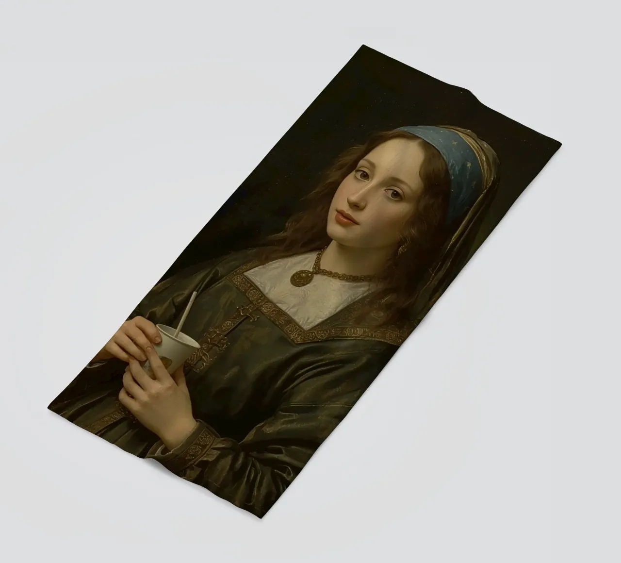 Giovane donna con una tazza in abito tradizionale in un luogo chiuso telo mare da DesignDoodle