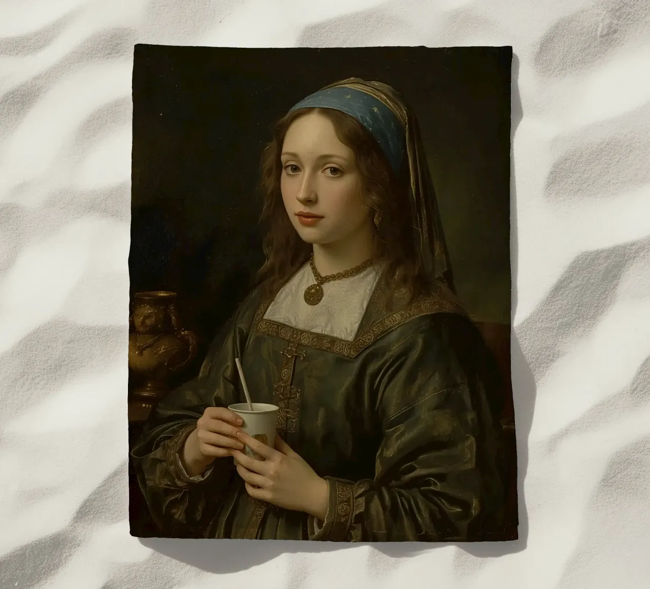 Giovane donna con una tazza in abito tradizionale in un luogo chiuso telo mare da DesignDoodle