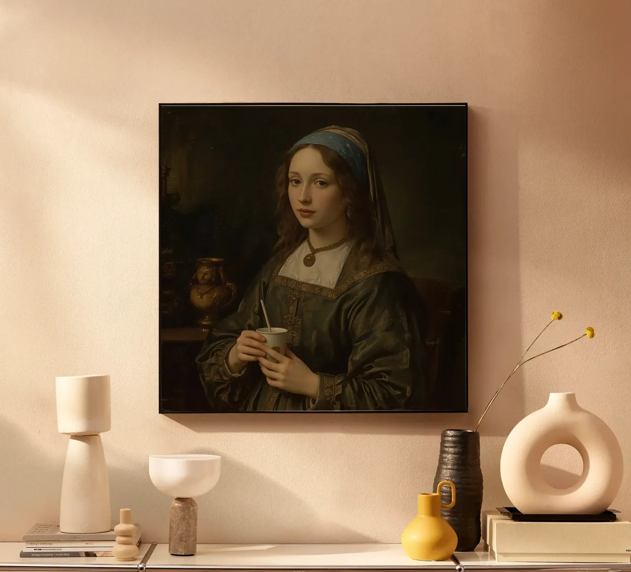Giovane donna con una tazza in abito tradizionale in un luogo chiuso plexiglass da DesignDoodle