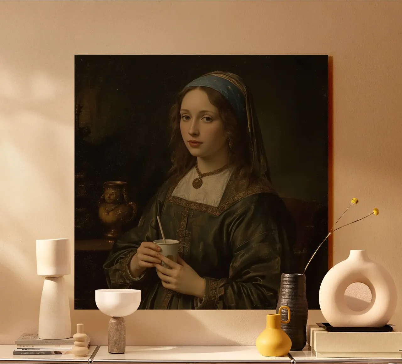 Giovane donna con una tazza in abito tradizionale in un luogo chiuso plexiglass da DesignDoodle