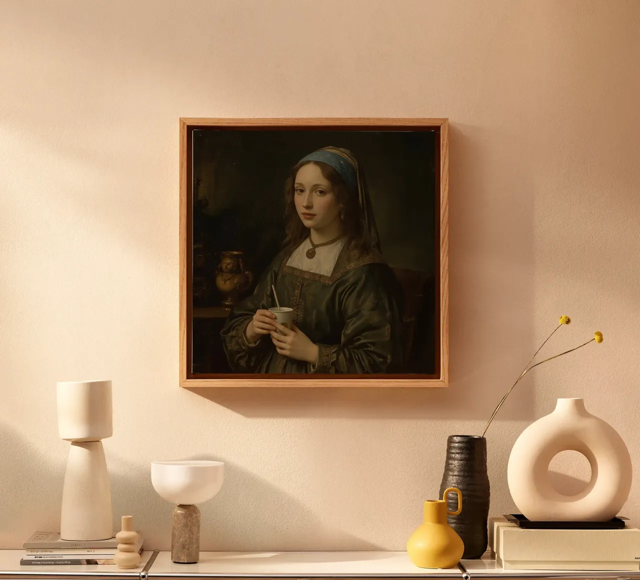 Giovane donna con una tazza in abito tradizionale in un luogo chiuso tela da DesignDoodle