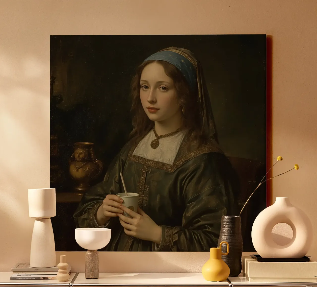 Giovane donna con una tazza in abito tradizionale in un luogo chiuso tela da DesignDoodle