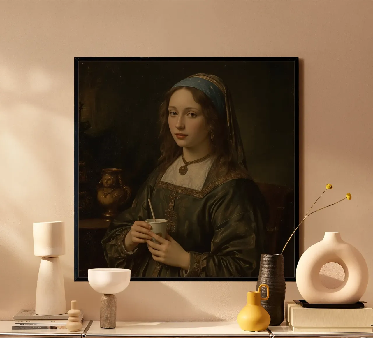Giovane donna con una tazza in abito tradizionale in un luogo chiuso carta hahnemühle da DesignDoodle