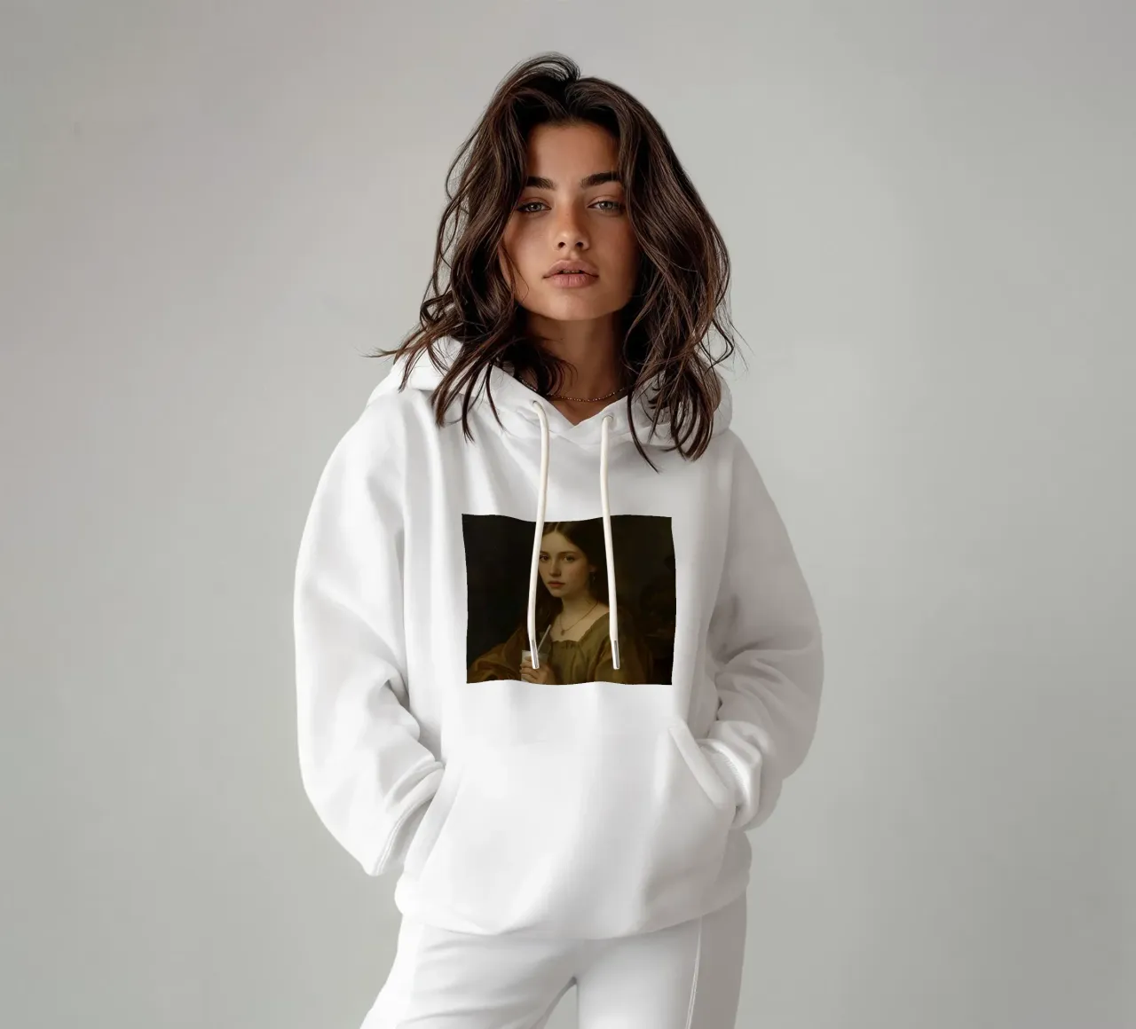 Giovane donna che tiene in mano una tazza, con indosso un indumento marrone, contro felpa con cappuccio da DesignDoodle