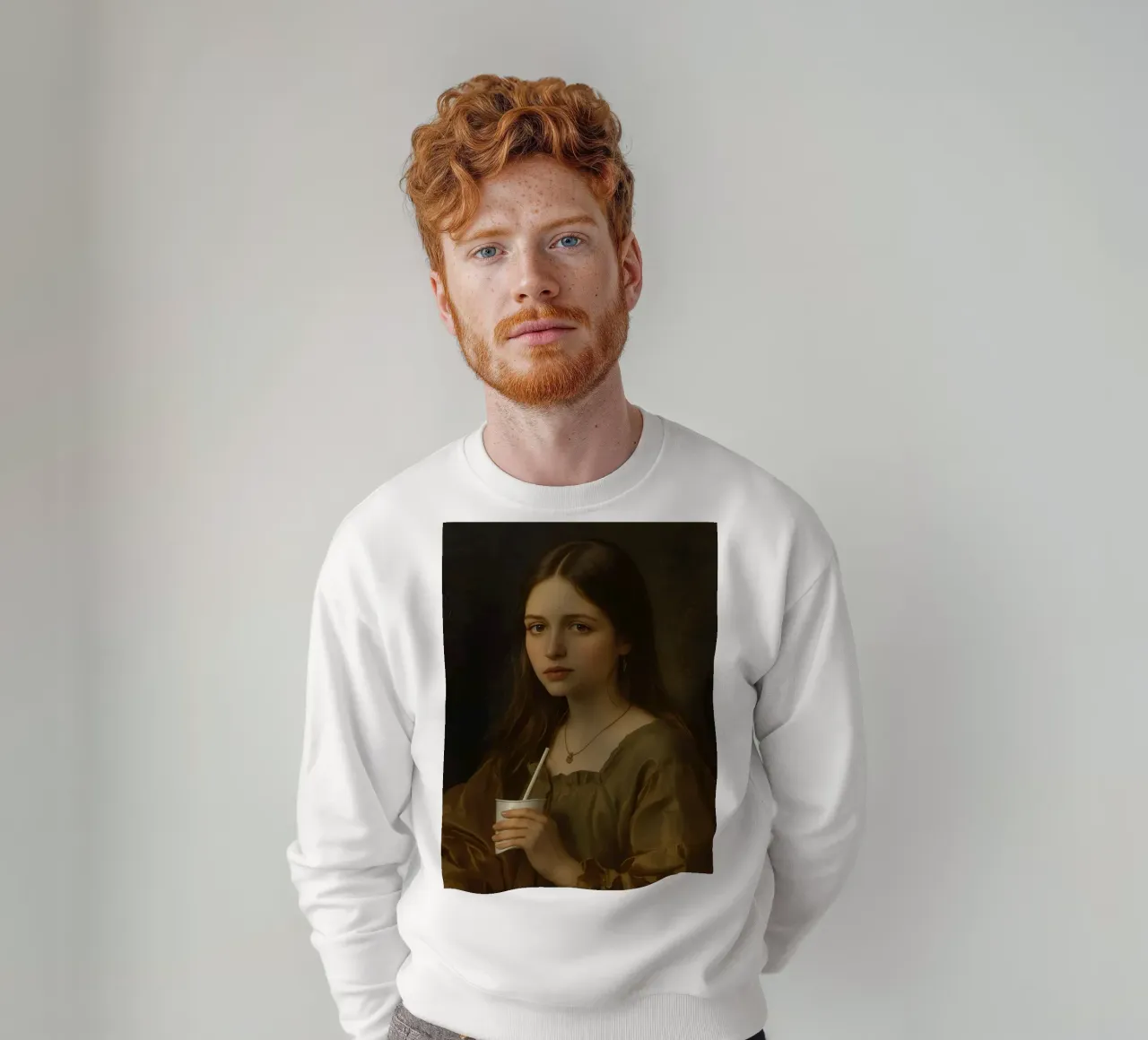 Giovane donna che tiene in mano una tazza, con indosso un indumento marrone, contro felpa da DesignDoodle