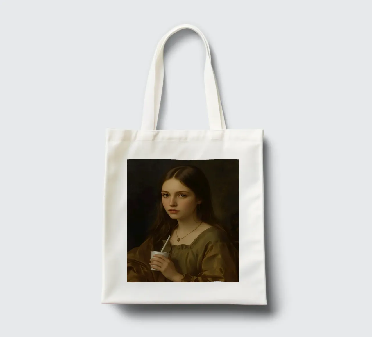 Giovane donna che tiene in mano una tazza, con indosso un indumento marrone, contro borsa in juta da DesignDoodle