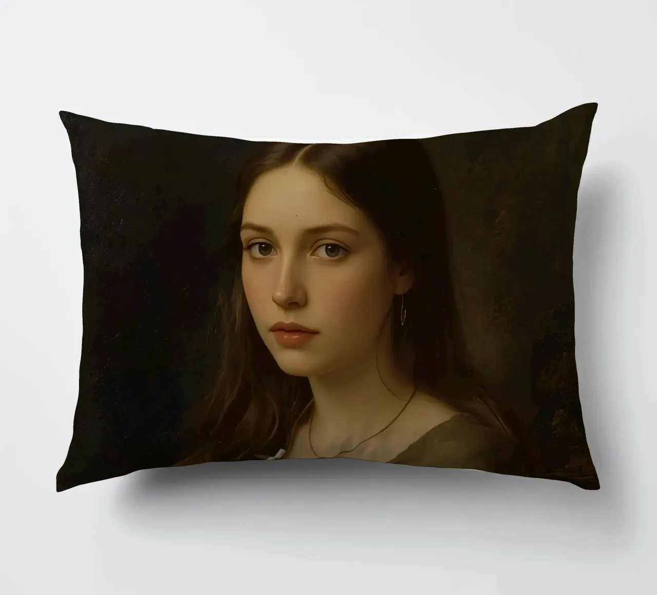 Giovane donna che tiene in mano una tazza, con indosso un indumento marrone, contro cuscino da DesignDoodle