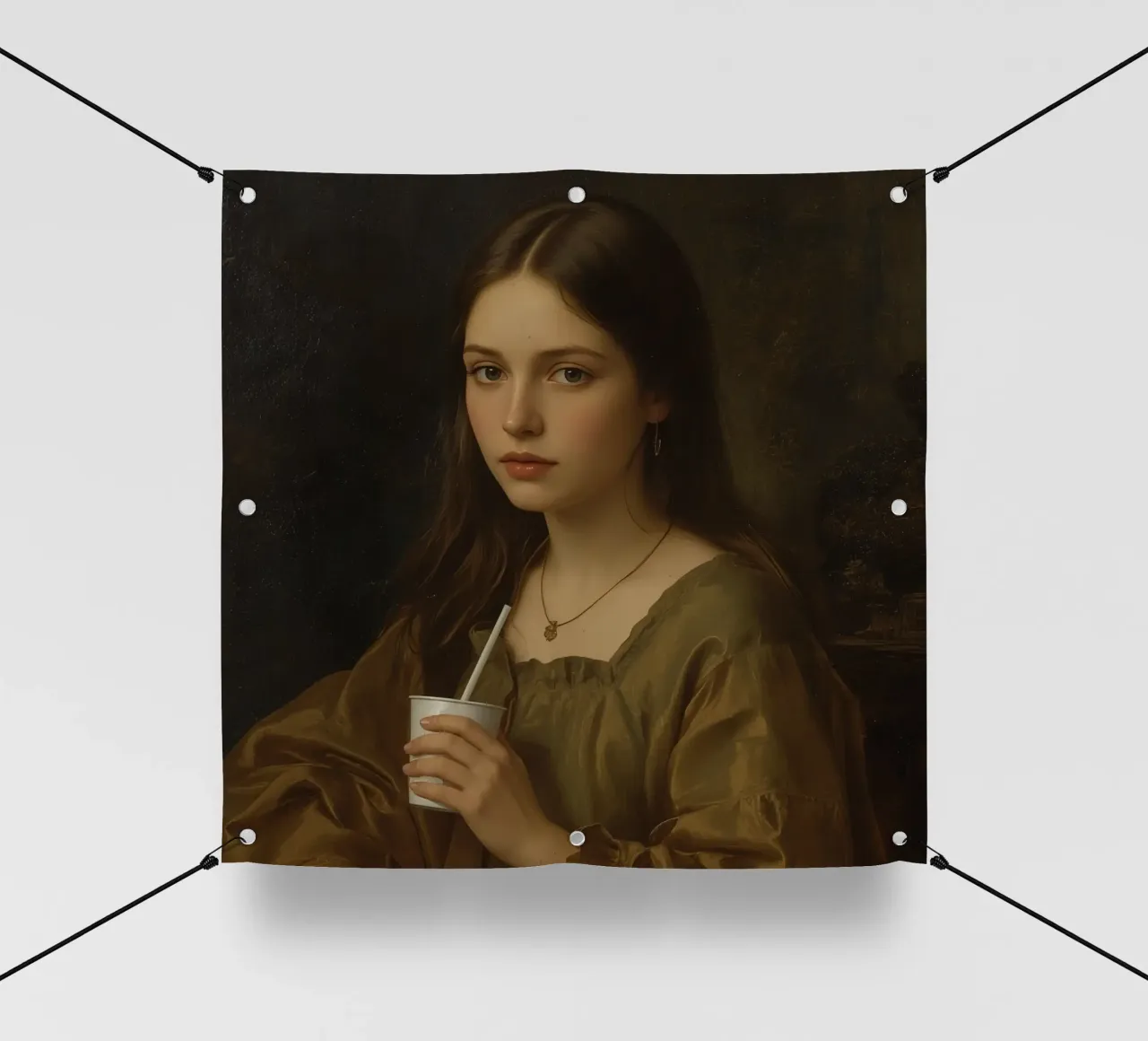 Giovane donna che tiene in mano una tazza, con indosso un indumento marrone, contro telo in pvc da DesignDoodle
