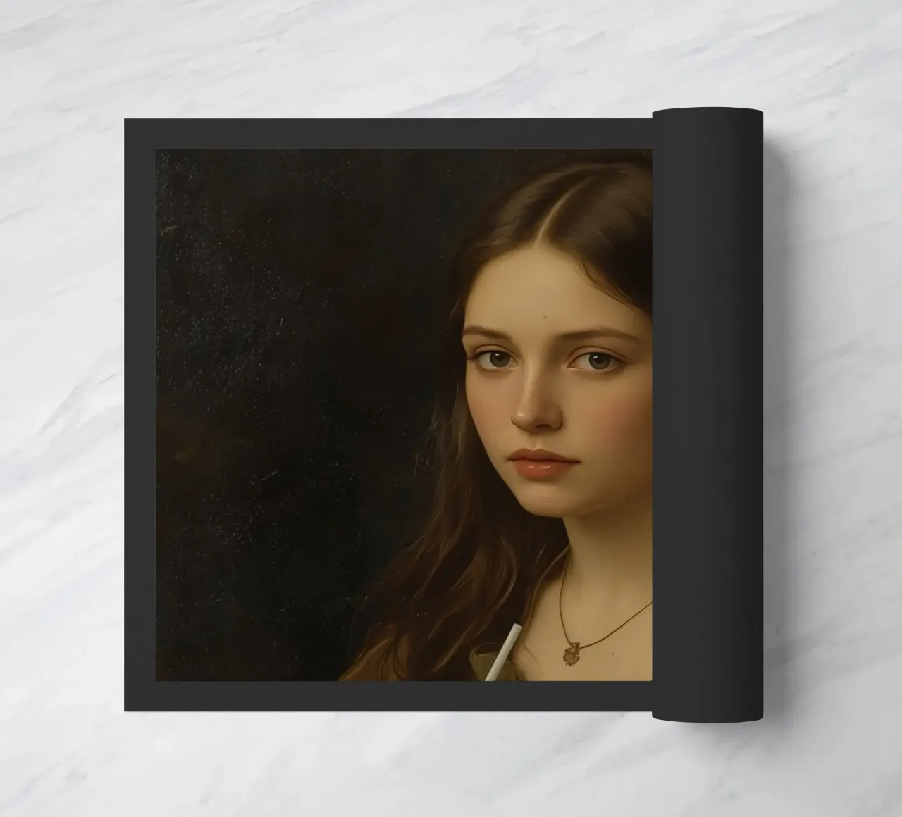 Giovane donna che tiene in mano una tazza, con indosso un indumento marrone, contro zerbino da DesignDoodle