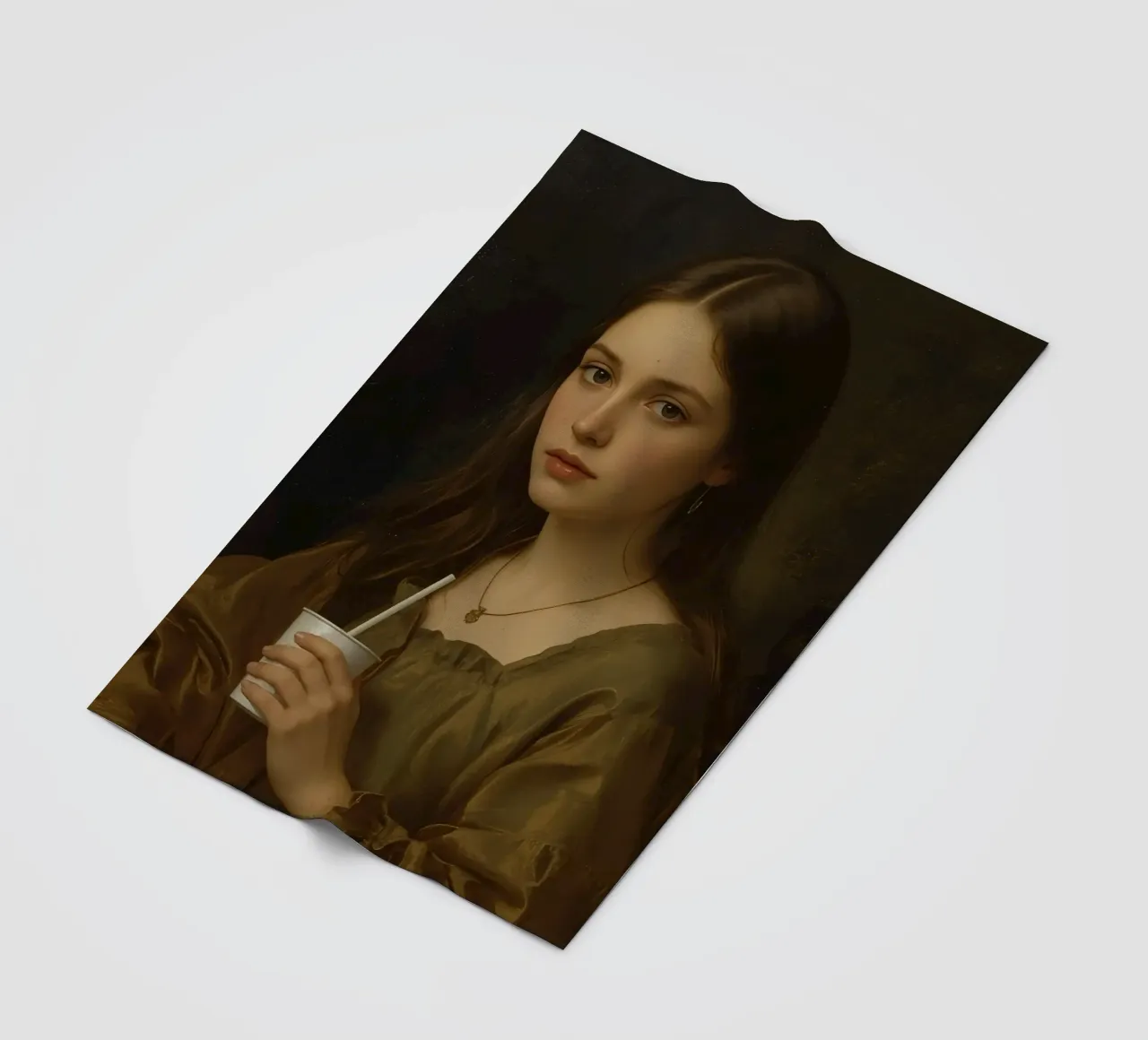 Giovane donna che tiene in mano una tazza, con indosso un indumento marrone, contro coperta in pile da DesignDoodle