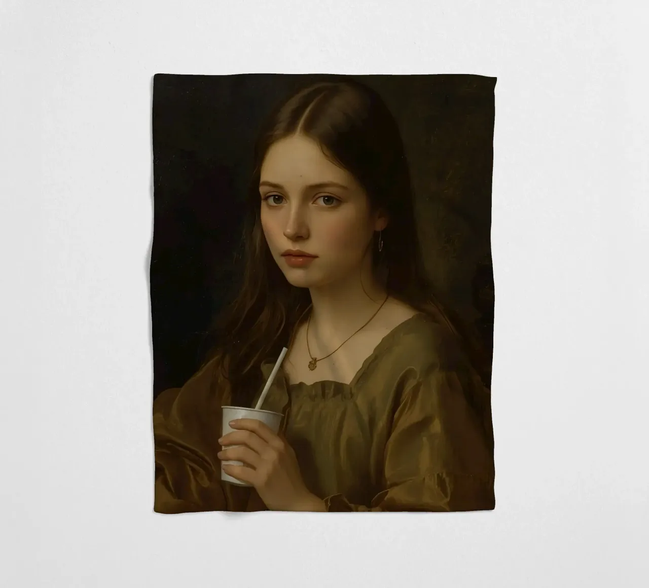 Giovane donna che tiene in mano una tazza, con indosso un indumento marrone, contro coperta in pile da DesignDoodle