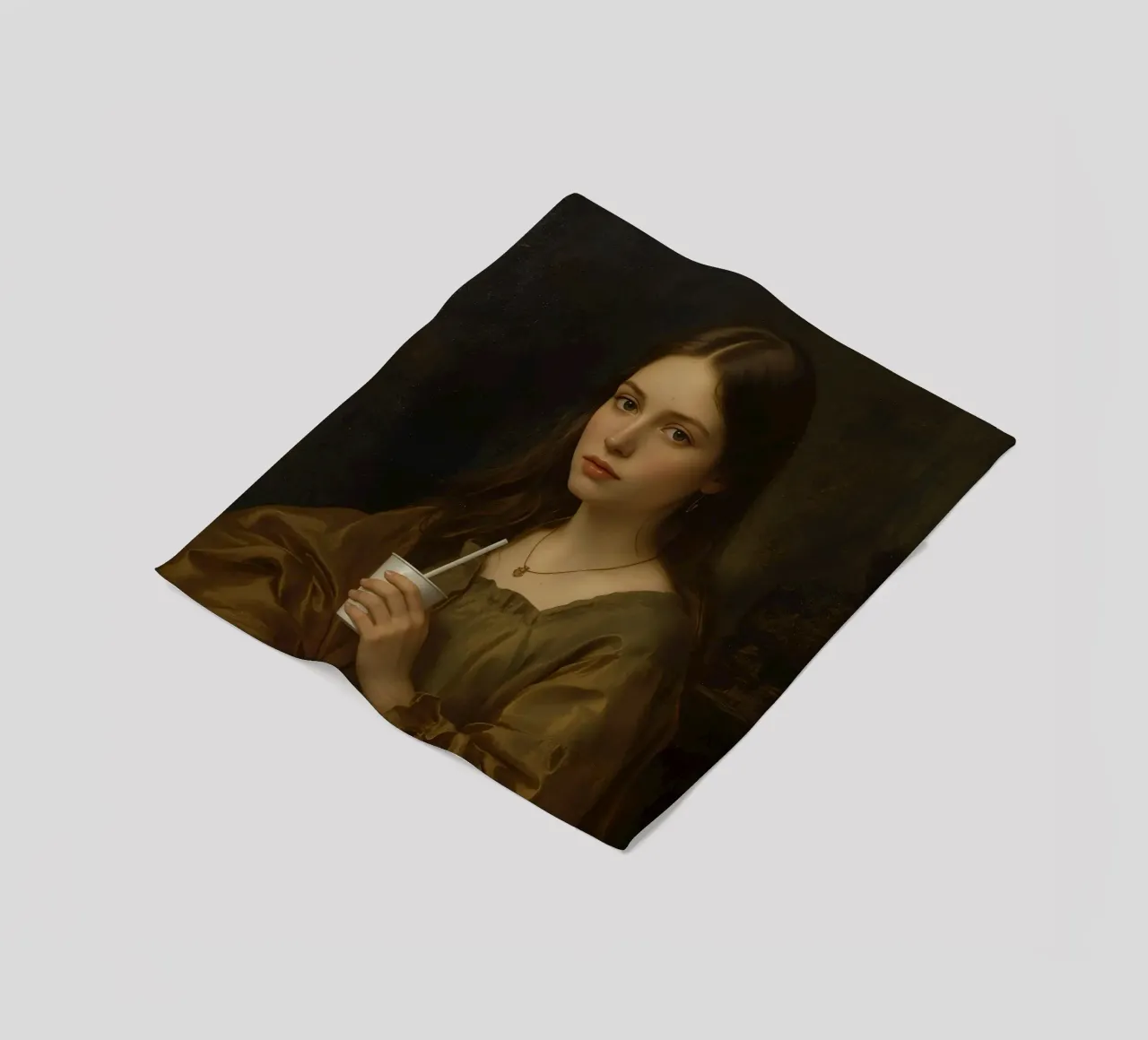 Giovane donna che tiene in mano una tazza, con indosso un indumento marrone, contro coperta in pile da DesignDoodle
