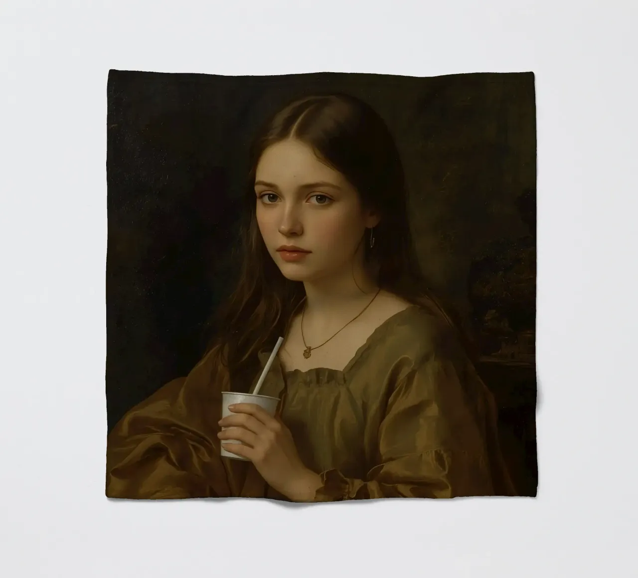 Giovane donna che tiene in mano una tazza, con indosso un indumento marrone, contro coperta in pile da DesignDoodle